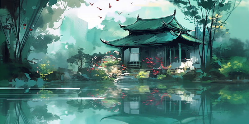 绿色古代房子节气山水荷花插画背景,插画/手绘图,插画/手绘图库,插画/手绘图下载,插画/手绘
